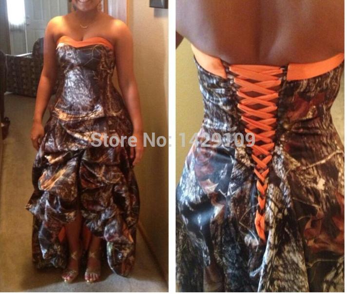 2018 Camo Dresses High-Low Ruched Prom Gowns Strapless Lace-up Back Mossy Oak Camo Party Plus Size Hunter Orange Pickups Gown, Same as image
2018 Camo Dresses High-Low Ruched Prom Gowns Strapless Lace-up Back Mossy Oak Camo Party Plus Size Hunter Orange Pickups Gown, Same as image