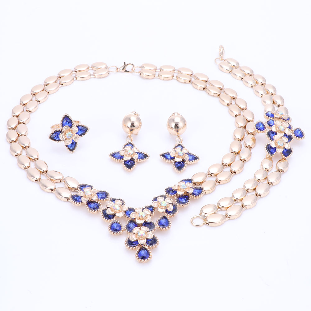 Flower Jewelry Set Gold colour goldenRhinestone French Romantic Bracelet Earrings Necklace Set For Women Hot Sell