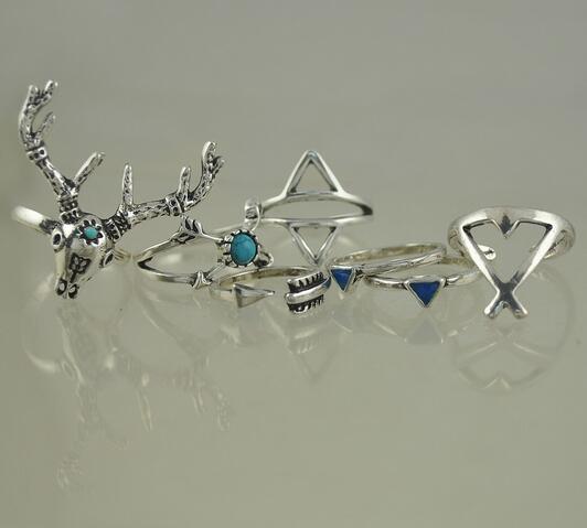 New Vintage Boho Rings Jewelry 7pcs/Pack Metal With Antique Silver Plated Multipack Ring Set for Woman anel Antler G76