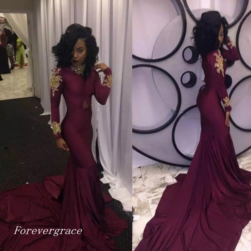 Sexy Mermaid Black Girls Prom Dress South African Long Sleeves High Neck Arabic Graduation Evening Party Gown Custom Made Plus Size