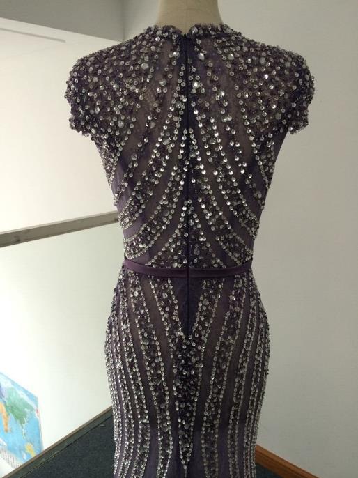 Real Images Bling Deep V Neck Mermaid Evening Gowns Beaded Vestidos Ziad Nakad Sweep Train Modest Prom Dresses High Quality Cap Sleeve