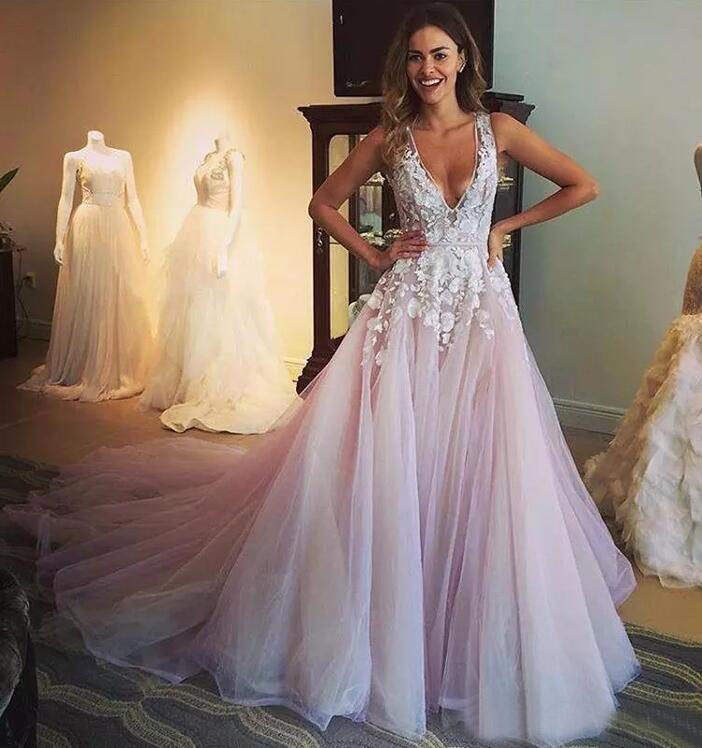 Sexy Blush Pink Deep V Neck Cut Out Back Wedding Dresses Cheap Tulle With Lace Appliqued Long Bridal Gowns Beach Custom Made EN10202