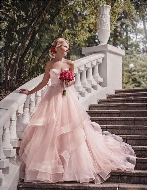 Romantic Pink Garden Wedding Dresses 2019 Newest Vestido De Noiva Sweep Train Matched Sash Sweetheart Ruffled Organza Bridal Gowns W1028 от DHgate WW