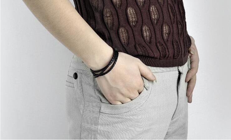 2014 New Fashion Leather Bracelets & Bangles Handmade Knitted Round Rope Turn Buckle Bracelet For Women Men Wholesale Black Long SL018