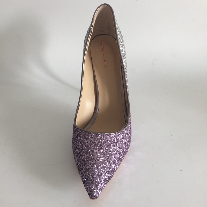 Silver Purple Glitter Wedding Shoes Pointed Toe Stilettos High Heels Slip On Pump Heels Plus Size EU34-46 Summer Bridal Shoes Pumps
