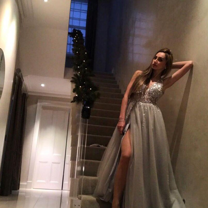 Cheap Sexy Long Deep V neck Prom Dress Front Split Sparkly Bodice Sleevless Evening Party Gown Custom Made Plus Size
