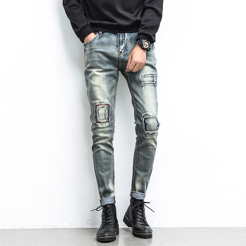 Wholesale-New Style Patchwork Mens Jeans Straight Regular Fashion Cheap Small Straight Mens Jeans Brand Clothing Cotton Mens jeans China