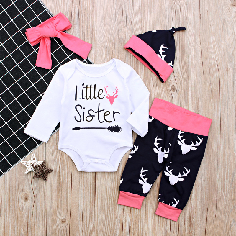 Baby Girls Pink Clothes Sets Newborn Girl Outfits Little Sister Cotton Romper Navy Deer Pants Hat With Headband 4PCS, As picture
Baby Girls Pink Clothes Sets Newborn Girl Outfits Little Sister Cotton Romper Navy Deer Pants Hat With Headband 4PCS, As picture