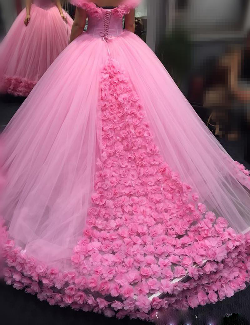 Pink Ball Gown Wedding Dresses with Hand Made Flowers Sweet Cap Sleeve Sweetheart Wedding Gowns Custom Made Lace Up Dresses Vestido de novia