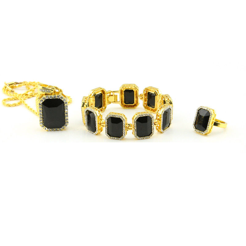 3pcs Gold Plated Hip Hop CZ Red Ruby 24inch Rope Chain Combo Set of Necklace Bracelet Ring Men's Fashion Jewelry Gifts