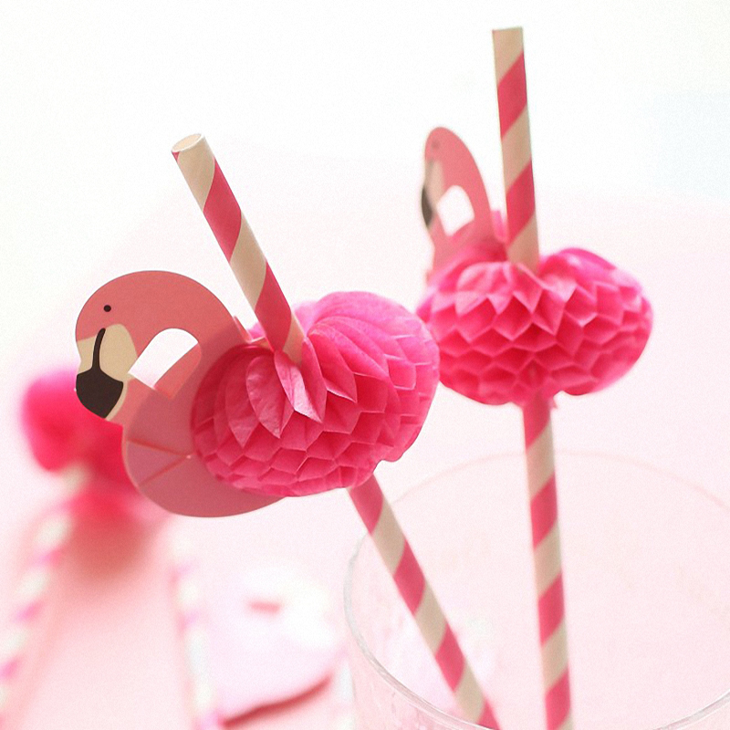 Drinking Straw 50PCS/lots Cute Cartoon Hot Pink Honeycomb flamingos Colorful Stripe Paper Bird Stick For Weddings Party Decoration