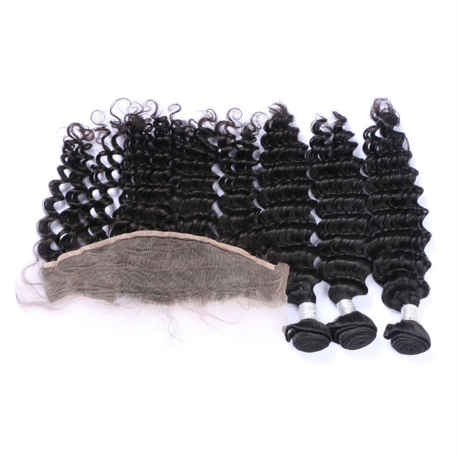 Brazilian Human VirginHair Lace Frontal With 3 Bundles 13X4 Ear To Ear Lace Frontal Deep Wave Natural Black Human Hair Weaves Closure