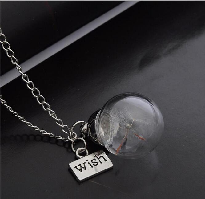 Glass bottle necklace Natural dandelion seed in glass long necklace Make A Wish Glass Bead Orb silver plated Necklace jewelry G125