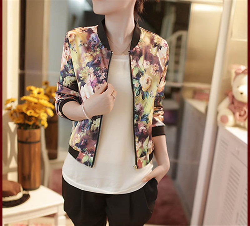 Wholesale- 2017 Fashion Spring Autumn Women Jackets Flower Print Coats Zipper Thin Bomber Jacket Long Sleeve Coat Outwear Female Blusas