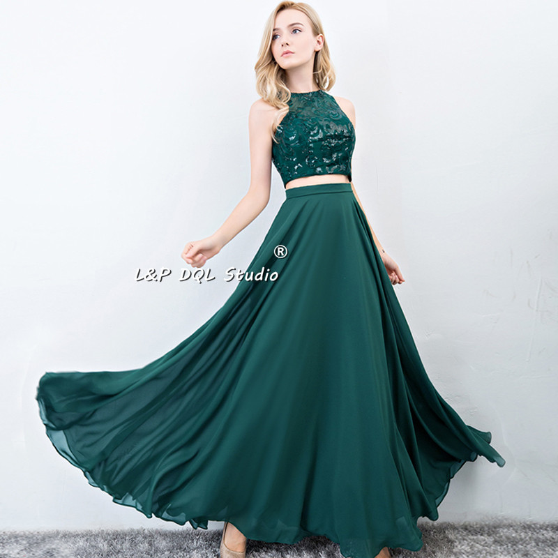 Chiffon Country Bridesmaid Dresses Two Pieces Long Floral Lace Top Wedding Party Dresses with Pockets Prom Gowns Dark Navy,Pink,Blush