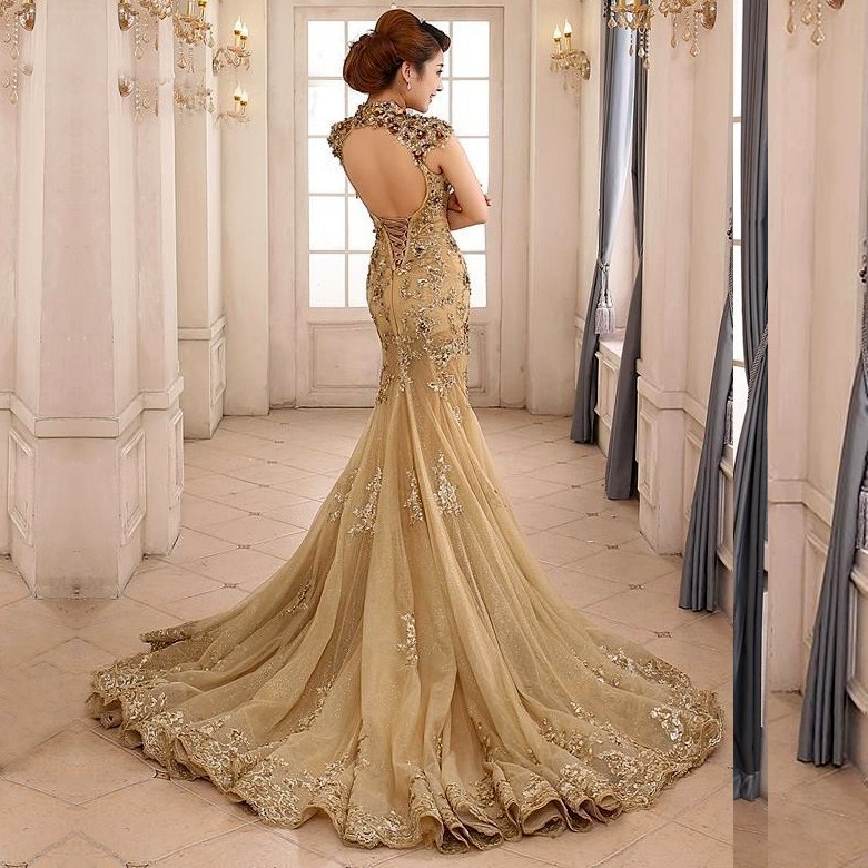 Stunning Mermaid Tulle Evening Dress High Neck Golden Applique Open Backless Sexy Red Carpet Dress Amazing Formal Long Evening Party Gowns, Champagne
Stunning Mermaid Tulle Evening Dress High Neck Golden Applique Open Backless Sexy Red Carpet Dress Amazing Formal Long Evening Party Gowns, Champagne