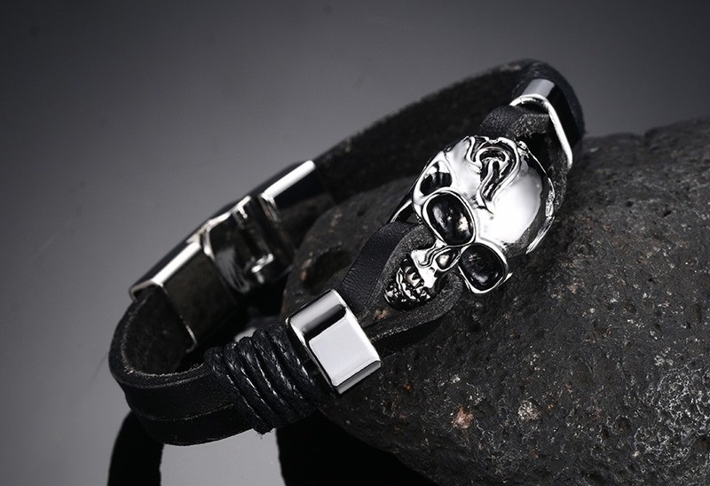 Punk Rock Mens Black Durable Leather Bracelets Gothic Skull Cuff Bangle Stainless Steel Skeleton Pulseiras Masculinas BL-224