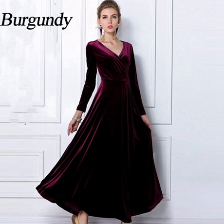 Wholesale- Winter Women Plus Size Velvet Dress Long Sleeve Maxi Dress Evening Party Vintage Dress Black Blue Green Purple Vestido Longo