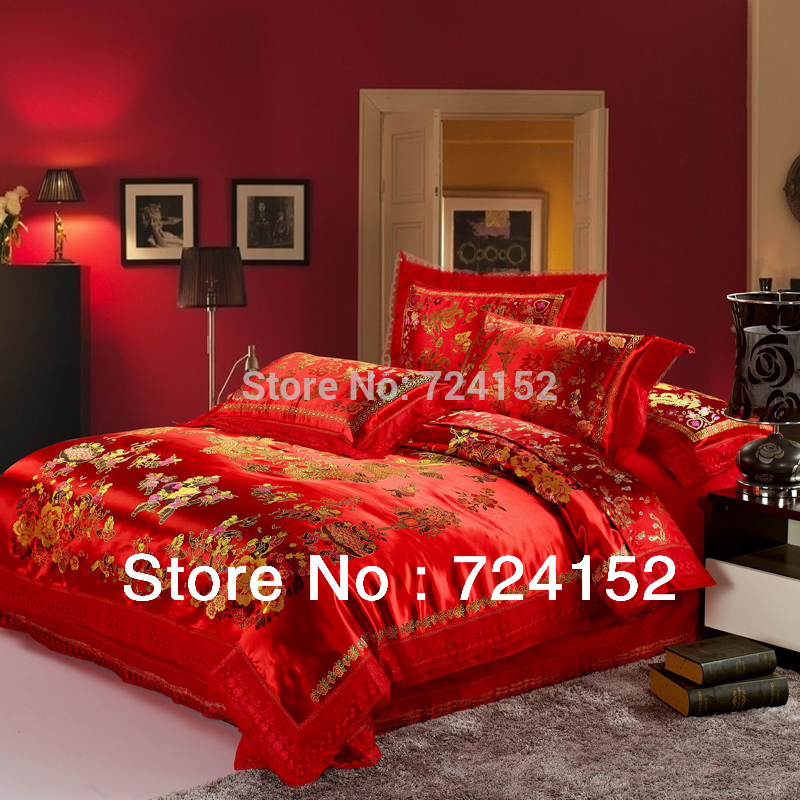 Wholesale- Red satin comforter set dragon chinese wedding bedding set print Modern suits jacquard Bedclothes queen/king size