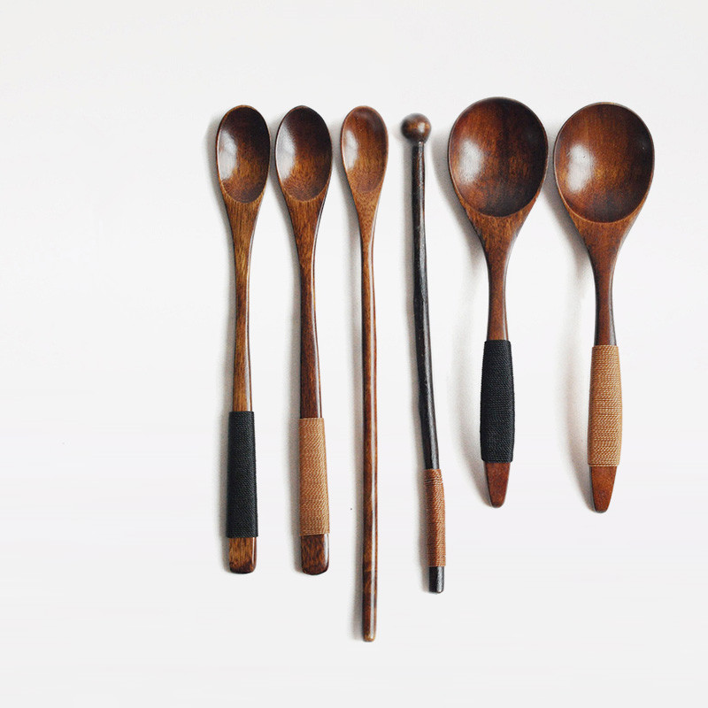Wholesale- Japan Style Wooden Spoon Rice Scoop Eco-Friendly Natural Wood Seasoning Spoon Coffee Bar Stick Vintage Tableware