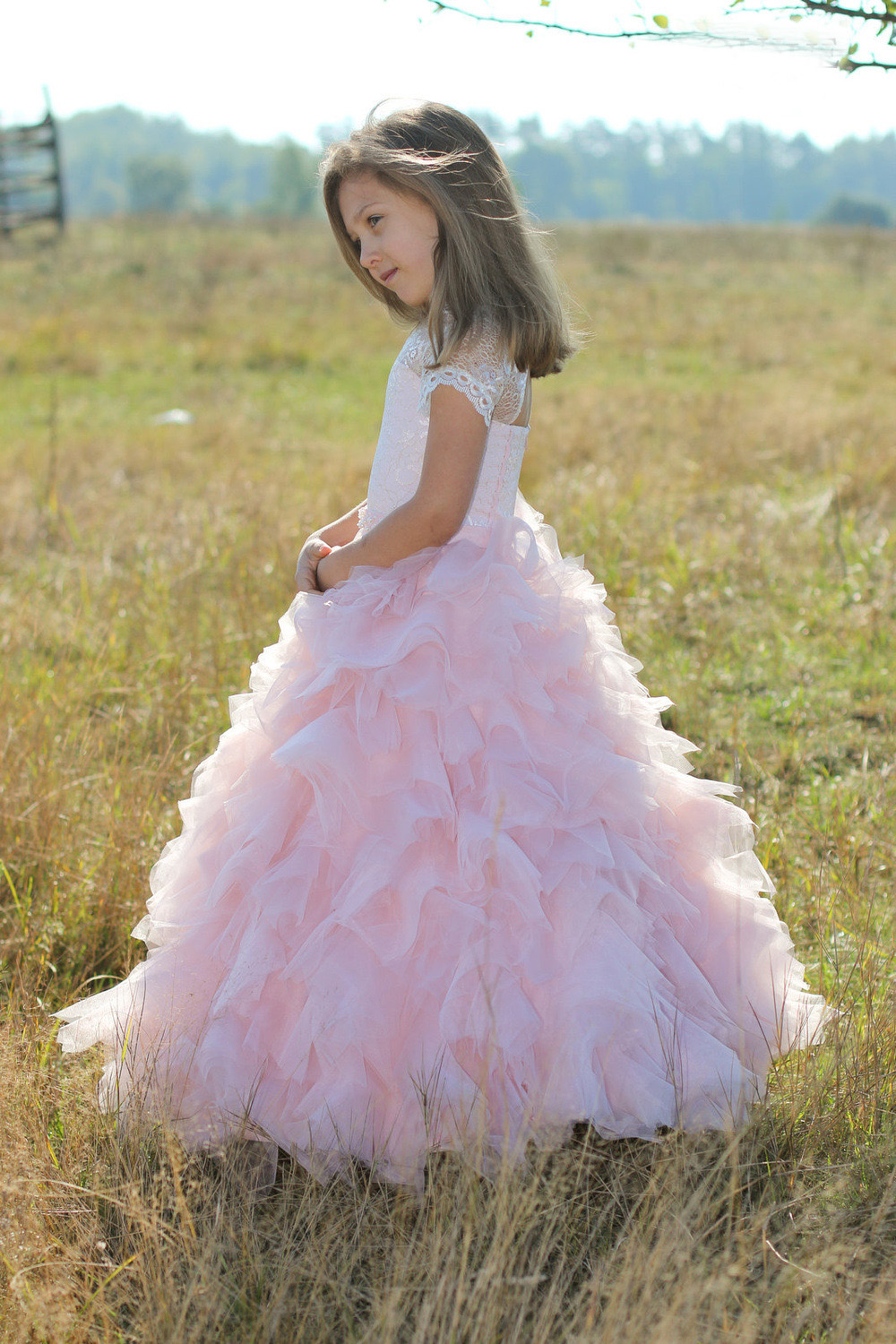 Blush Pink Lace Tulle Ball Gown Flower Girl Dresses For Wedding Birthday Pageant 2017 Short Sleeve Cut Out Back Lace Up Ruffle EN7134