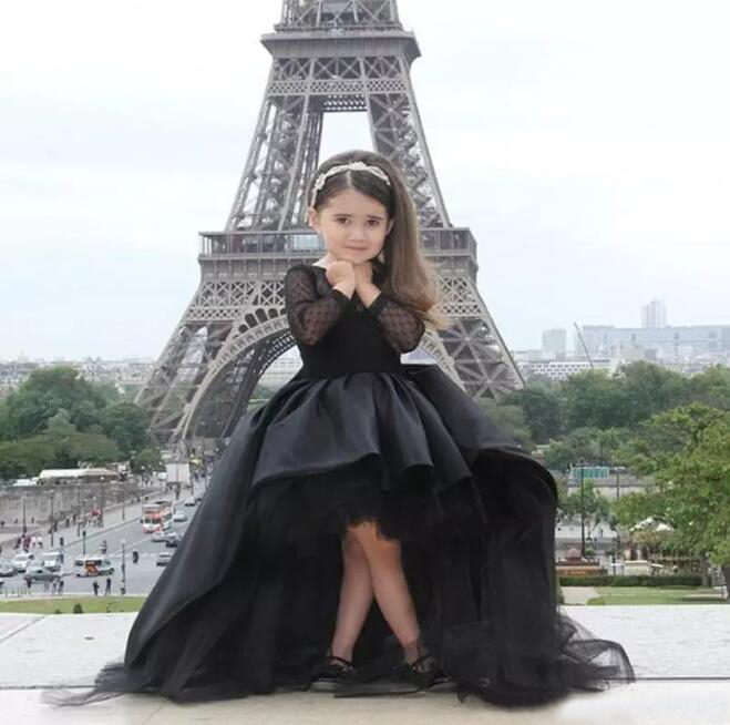 2019 Black Mother And Daughter Matching Dresses for Prom Top Quality Ruffles High Low Skirt Satin and Tulle Long Sleeve Kids Pageant Dresses