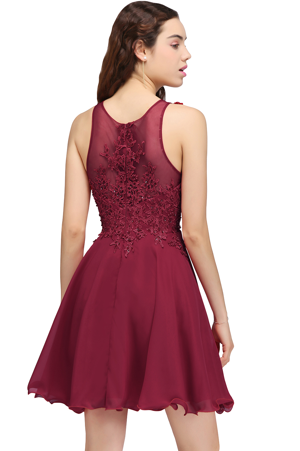 Wine Red Lace Beaded A Line Homecoming Dresses Short Chiffon Cocktail Party Dresses For Young Girls Jewel Neck Cheap Homecoming Gowns CPS707