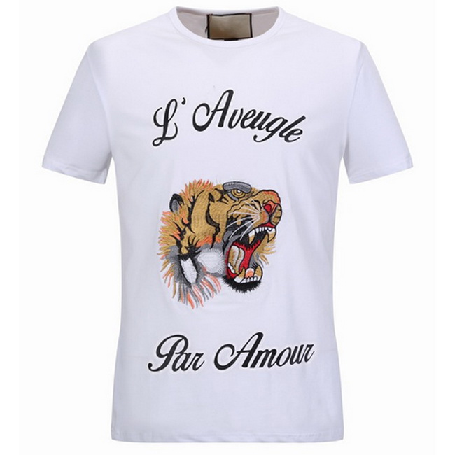 Man T-Shirt Tiger Head Embroidery Letter Tee Stretch Cotton Shortsleeves Slim Fit Style Top Male Round Neck