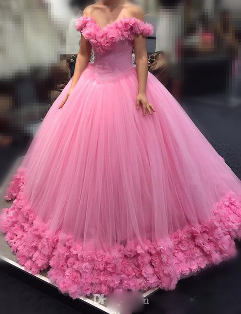 Pink Ball Gown Wedding Dresses with Hand Made Flowers Sweet Cap Sleeve Sweetheart Wedding Gowns Custom Made Lace Up Dresses Vestido de novia