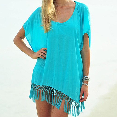 Wholesale- Women Fashion Tassels Stitching Loose Sun Protection Top Up Dress 09WG
