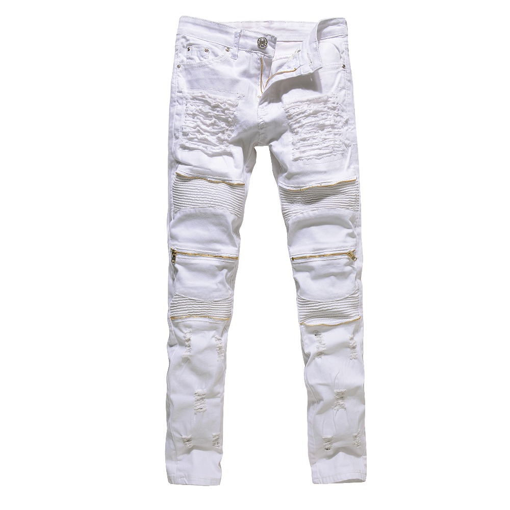 Red Ripped Biker Jeans For Men - Stretch Slim Fit Denim Pants