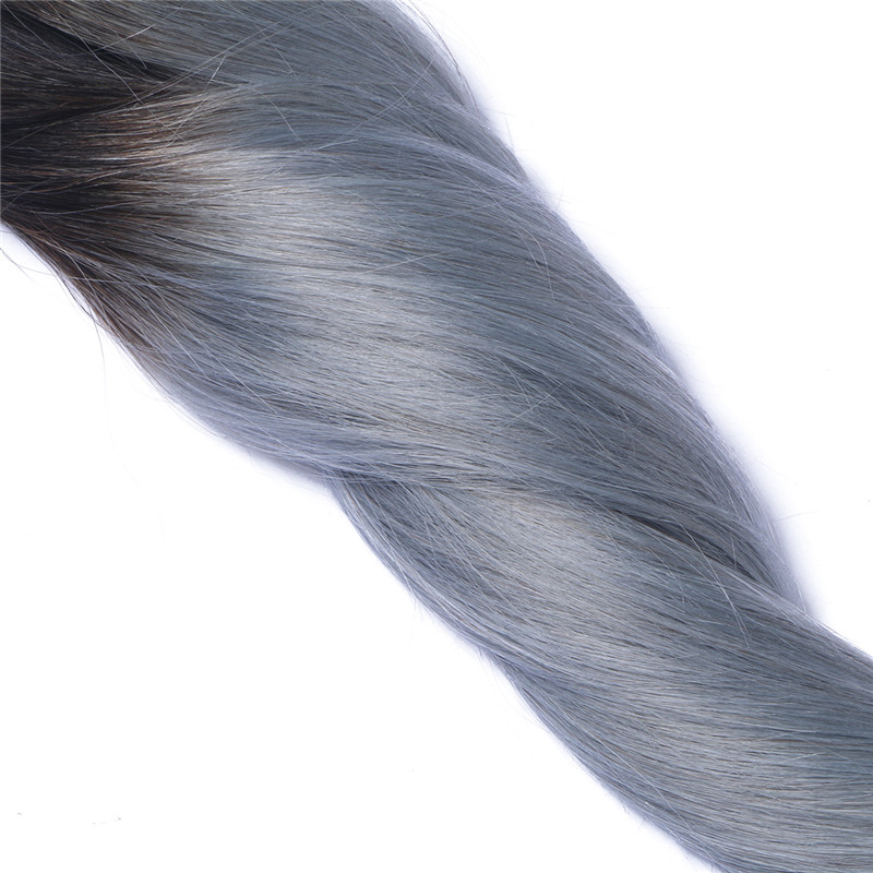 Full Head Clip In Human Hair Extensions Grey Straight Brazilian Virgin Hair Ombre Two Tone Color Dark Root To Grey Hair 120gram