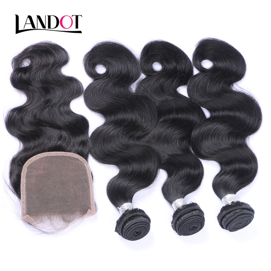 Brazilian Virgin Hair Weaves 3 Bundles with Top Lace Closure Body Wave 8A Malaysian Peruvian Indian Cambodian Human Hair Extensions Closures
