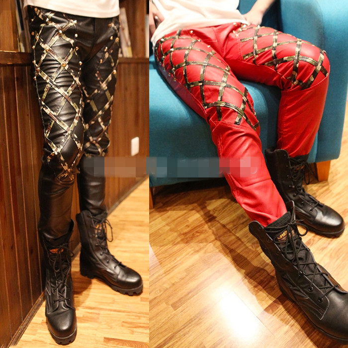 black red pants Rossoneri color rivet tight leather pants low-waist plaid male slim skinny pants male for singer dancer bar