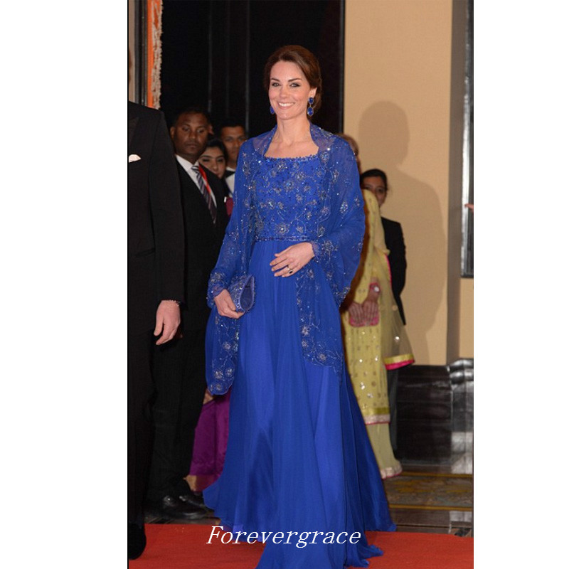 Kaftan Royal Blue Long Sleeves Evening Dress Formal Beaded Chiffon Kate Middleton Party Celebrity Gown Cheap Custom Made Plus Size