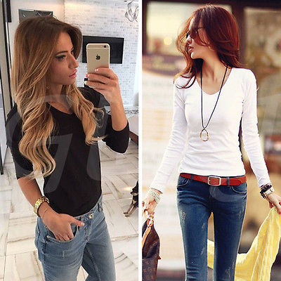 Wholesale- Women Basic Plain Round Crew Neck Tee Shirts Stretch Long Sleeve Top T-Shirts