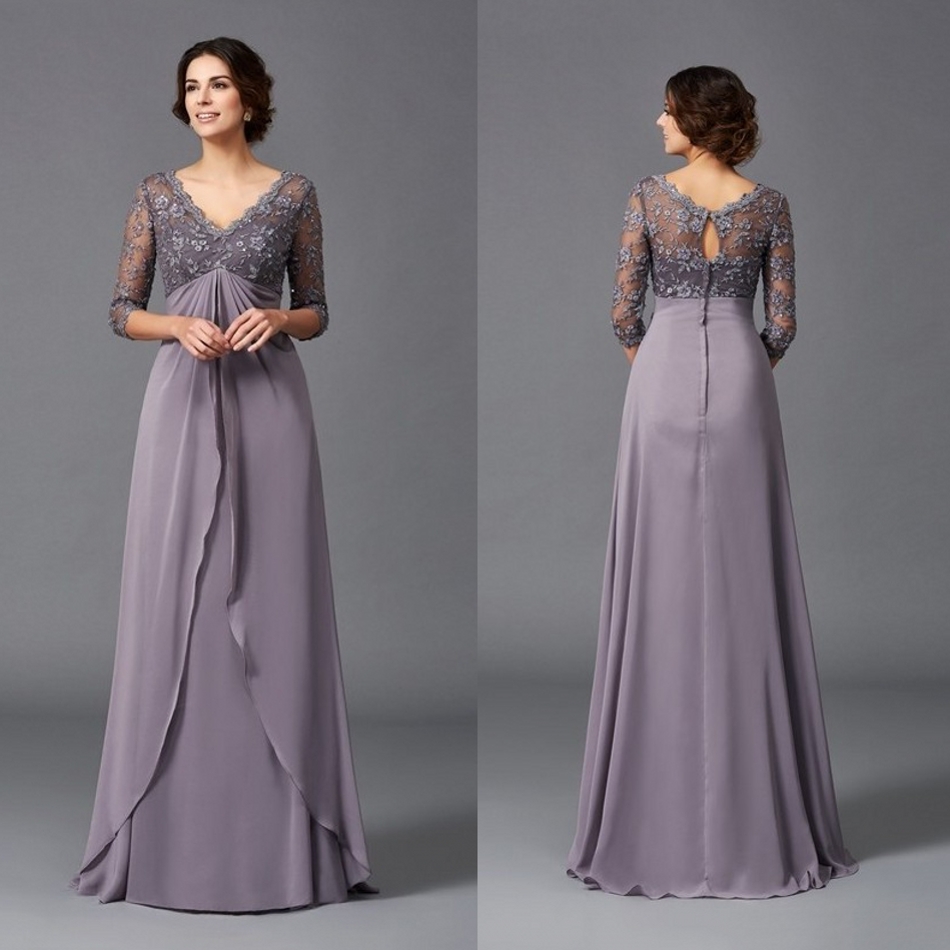 Long Mother Of The Bride Dresses 3/4 Long Sleeve Applique Beads Plus Size Mother Of Groom Dress Chiffon Floor Length Evening Gown