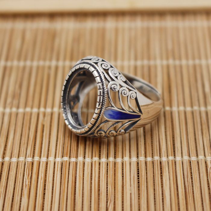 Fine Silver Sterling Silver 925 Cloisonne Enamel 12x16mm Oval Cabochon Semi Mount Ring