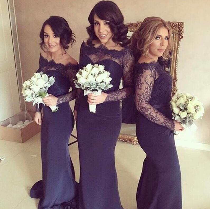 Dark Navy 2018 Bridesmaids Dresses Off Shoulder Long Sleeves Mermaid Floor Length Sheer Maid Of Honor Gowns Vestidos De Dama De Honor
Dark Navy 2018 Bridesmaids Dresses Off Shoulder Long Sleeves Mermaid Floor Length Sheer Maid Of Honor Gowns Vestidos De Dama De Honor