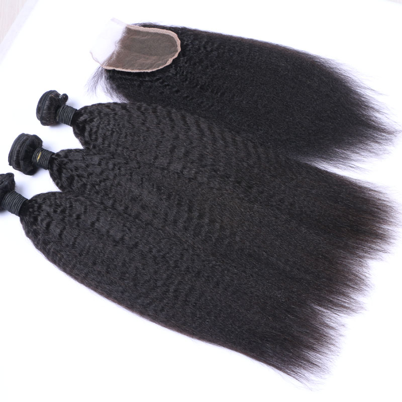 Afro Kinky Straight Brazilian Hair Bundles With Closure Human Hair Weaves Closure 4x4 Free Part Natural Color 1B Black