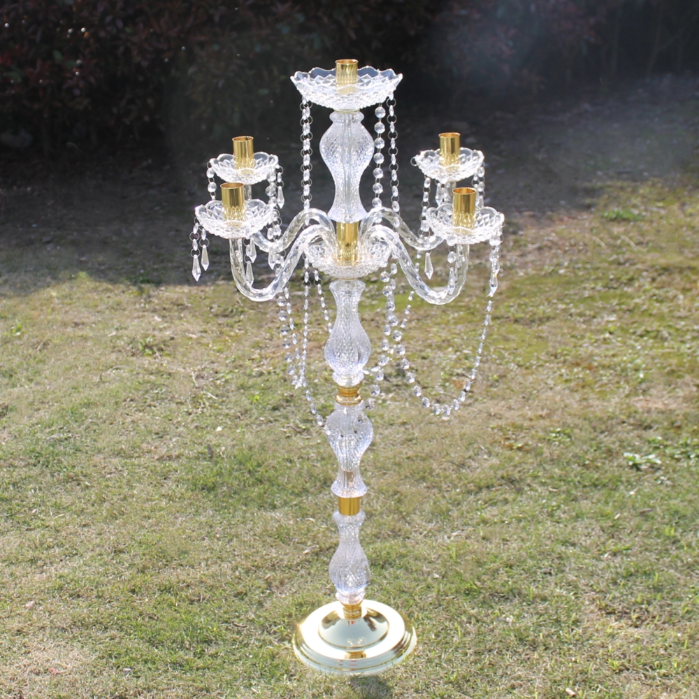 New 90cm height Acrylic 5-arms golden color metal candelabras with crystal pendants wedding candle holder centerpiece 1 lot=10 pieces