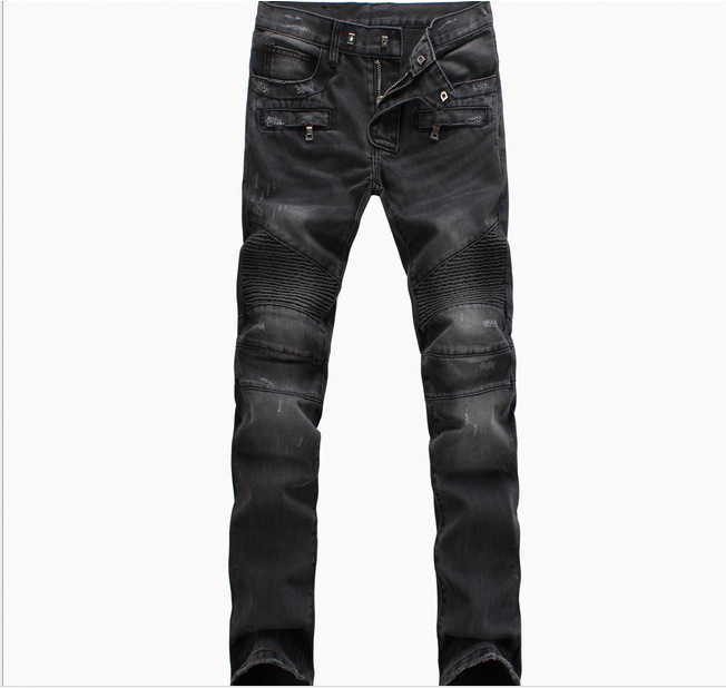 Men's Jeans Wholesale- Men's Fashion High Quality Ripped Biker Men Distressed Moto Denim Joggers Washed Pleated Pants Black Blue