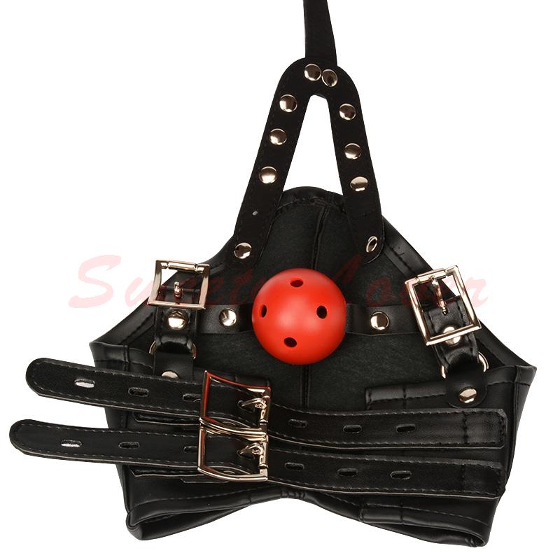 Adjustable Black PU Leather Sex Mask with Ball Mouth Gag Open Eyes Fetish Bondage Hood Restraints Headgear Unisex Sex Products 17901