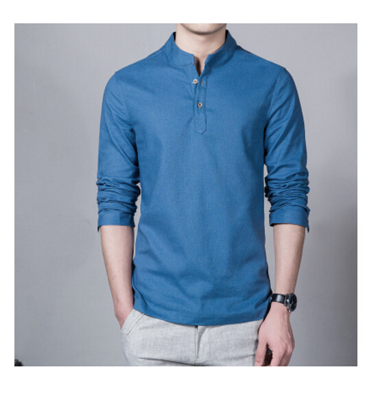 New Spring Summer Casual en Shirt Long Sleeve Solid V Neck Collar Leisure Shirts Men Clothing Morning Exercise Clothes