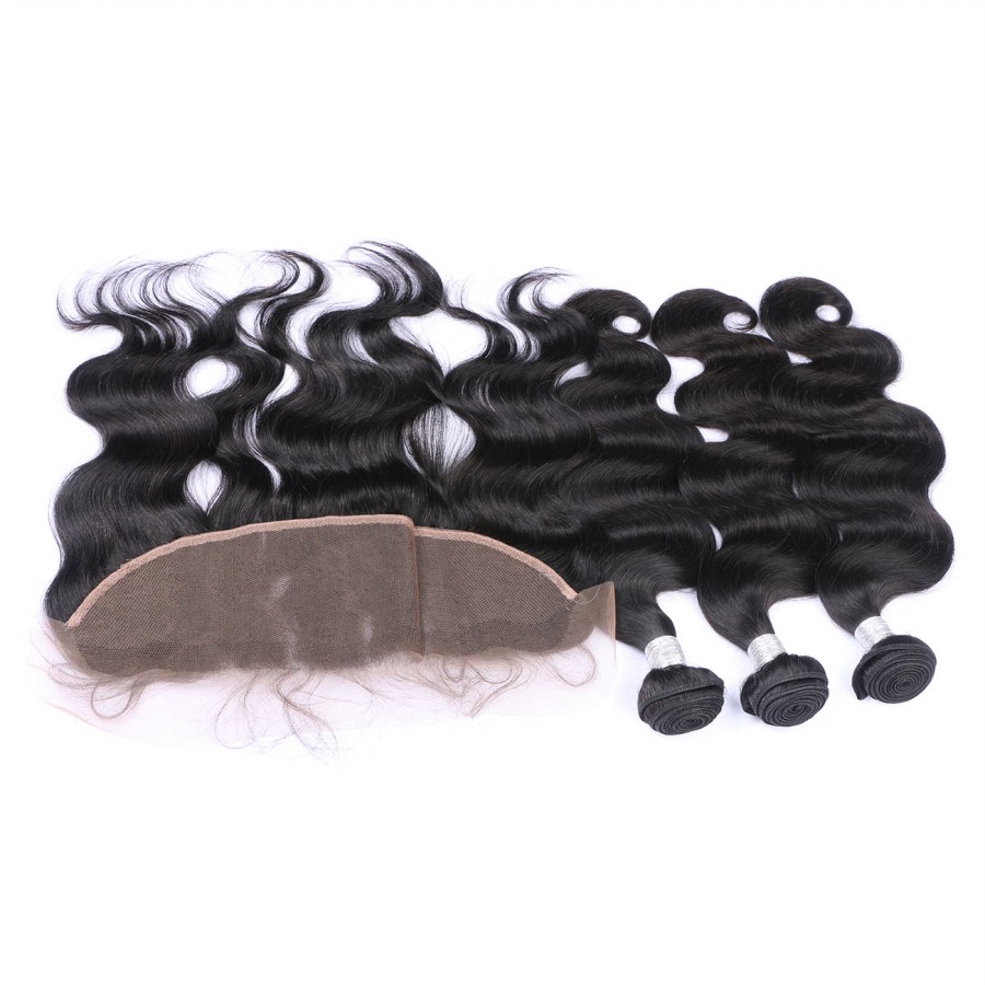 Body Wave Brazilian Human Virgin Remy Hair Lace Frontal With 3 Bundles 13X4 Ear To Ear Lace Frontal Human Hair Weaves Closure