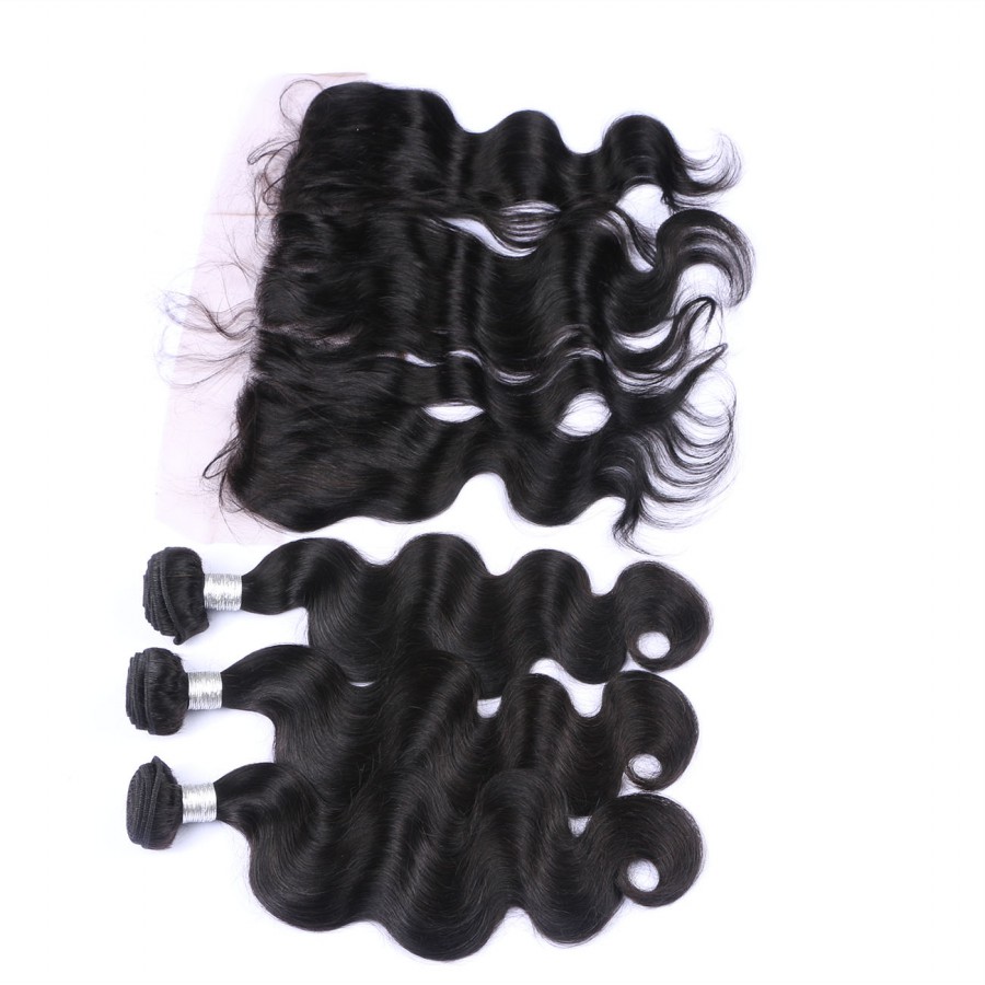 Body Wave Brazilian Human Virgin Remy Hair Lace Frontal With 3 Bundles 13X4 Ear To Ear Lace Frontal Human Hair Weaves Closure