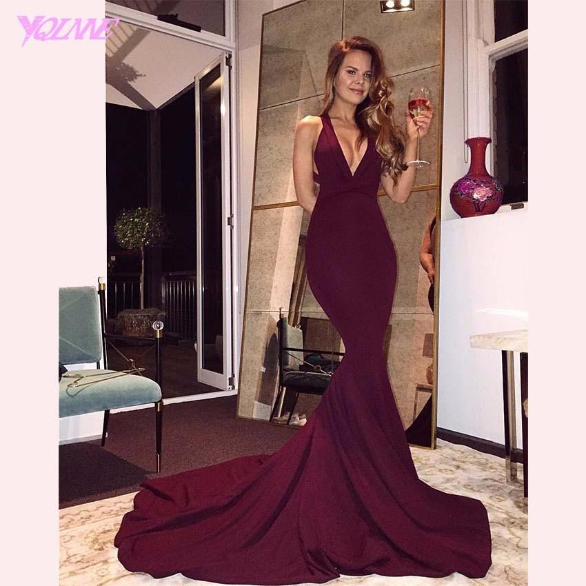 2023 Sexy Burgundy Mermaid Prom Dresses Criss Cross Backless Long Evening Gown Deep V-Neck Elastic Satin Formal Dress For Women