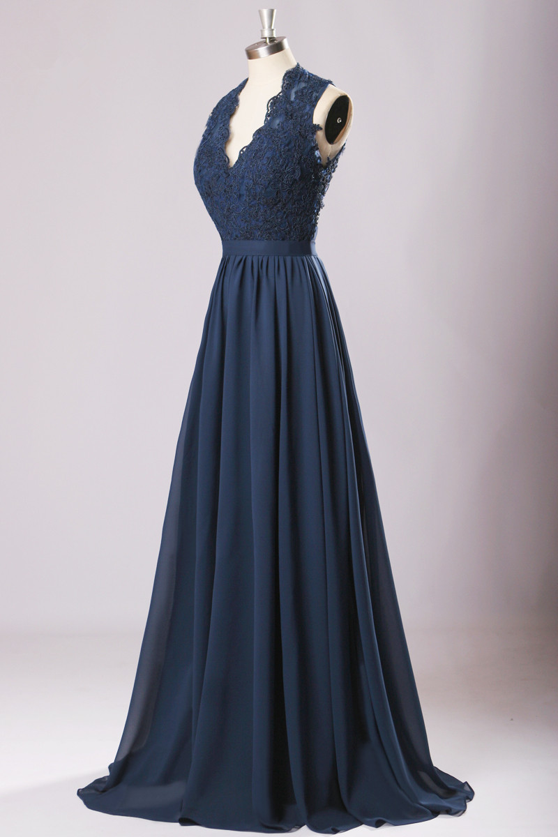 2017 Elegant V-neck Lace Prom Dresses With Cap Sleeves Appliques Chiffon Long Formal Evening Party Gown BM96