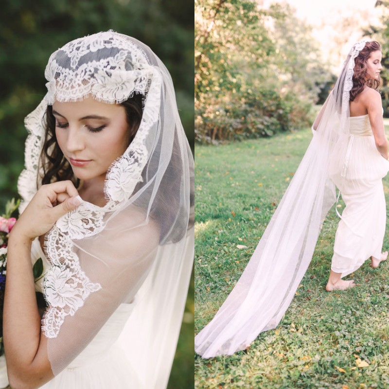 Romantic 2017 New White/Ivory Lace Applique Bridal Veils Cheap One Layer Tulle 2M Long Wedding Veils Custom Made EN112214