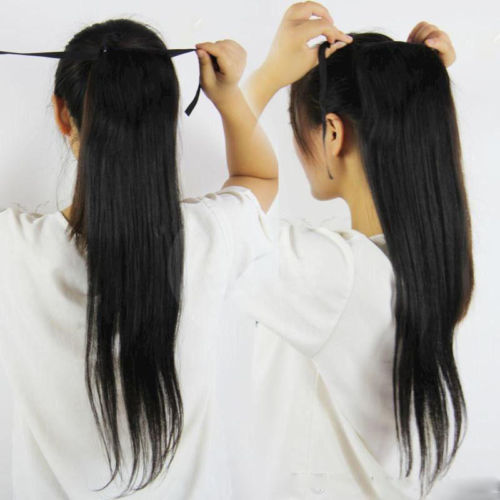 Smooth and silky straight human hair ponytail hairpiece ribbon wrap around drawstring pony tail with clip 100g-160g